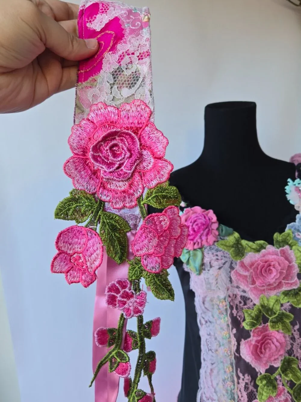 Handmade Pink and Fuchsia Embroidered Rose Patchwork Quilted Hair Sash